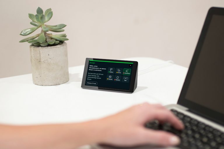 Isa Gesundheitscoach steht auf dem Schreibtisch und zeigt welche körperlichen Übungen man machen sollte.