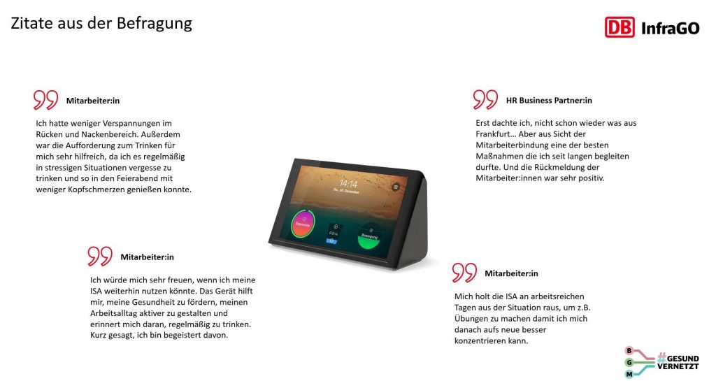 Isa stärkt DB Infrago. Auf der Bild ist eine Isa zu sehen und darum Zitate von Angestellten.