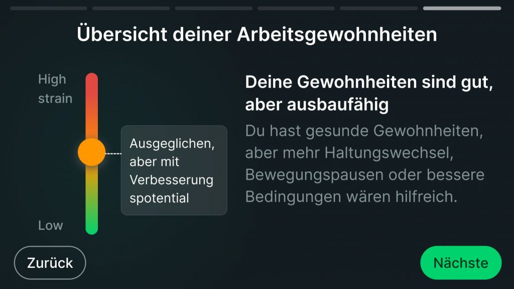 Die digitale Gesundheitslösung Isa zeigt regelmäßig eine Auswertung der Arbeitsgewohnheiten.