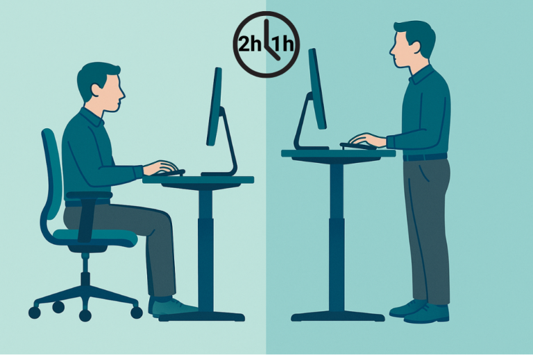 Zweigeteilte Grafik, auf der linken Seite ein Mitarbeiter im sitzen, auf der rechten Seite ein Mitarbeiter im stehen. Dazu sieht man eine Uhr in der Mitte und 2h beim sitzenden Mitarbeiter und 1h beim stehenden Mitarbeiter. Das symbolisiert ein Verhältnis von 2:1 zwischen sitzen und stehen.