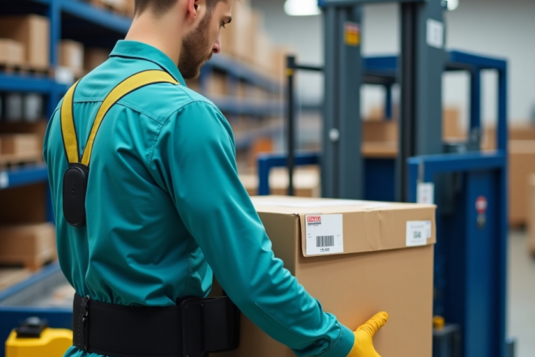 Zu sehen ist ein Lagermitarbeiter der gerade ein Paket trägt. Zur Unterstützung der ergonomischen Haltung trägt er einen Rückengurt.