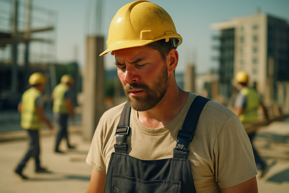 Ein Bauarbeiter arbeitet in der Mittagssonne. Er hat Sonnenbrand, weil kein ausreichender Sonnenschutz.