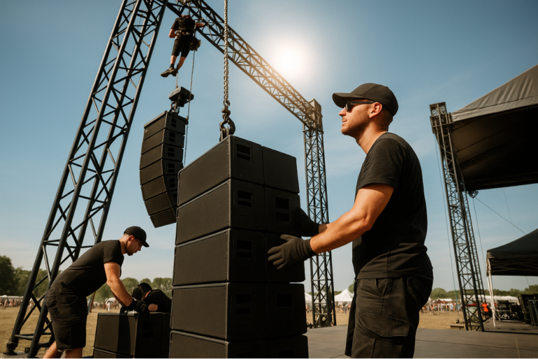 Eventtechniker bei der Arbeit in der prallen Sonne. Sie tragen Sonnenbrillen und Mützen. 