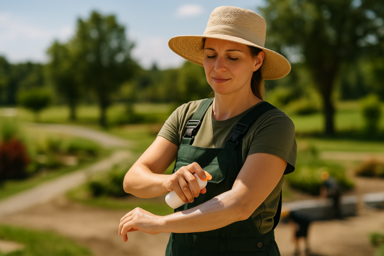 Eine Landschaftsgärtnerin die sich gerade die Arme mit Sonnencreme einschmiert SO ist sie vor der Sonne geschützt. 