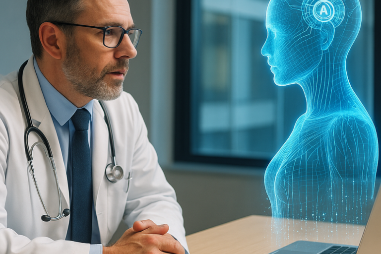 Ein Betriebsarzt "unterhält" sich bildlich mit einer künstlichen Intelligenz. 