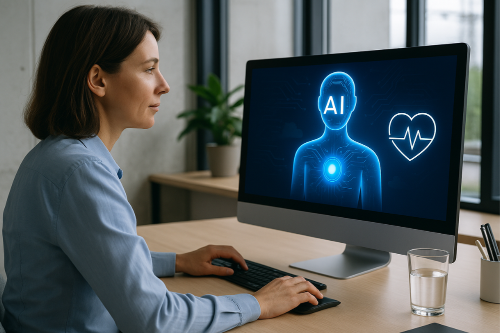 KI im BGM - eine Mitarbeiterin sitzt am Schreibtisch und hat auf dem Bildschirm eine KI sichtbar, die sich mit Gesundheit beschäftigt.