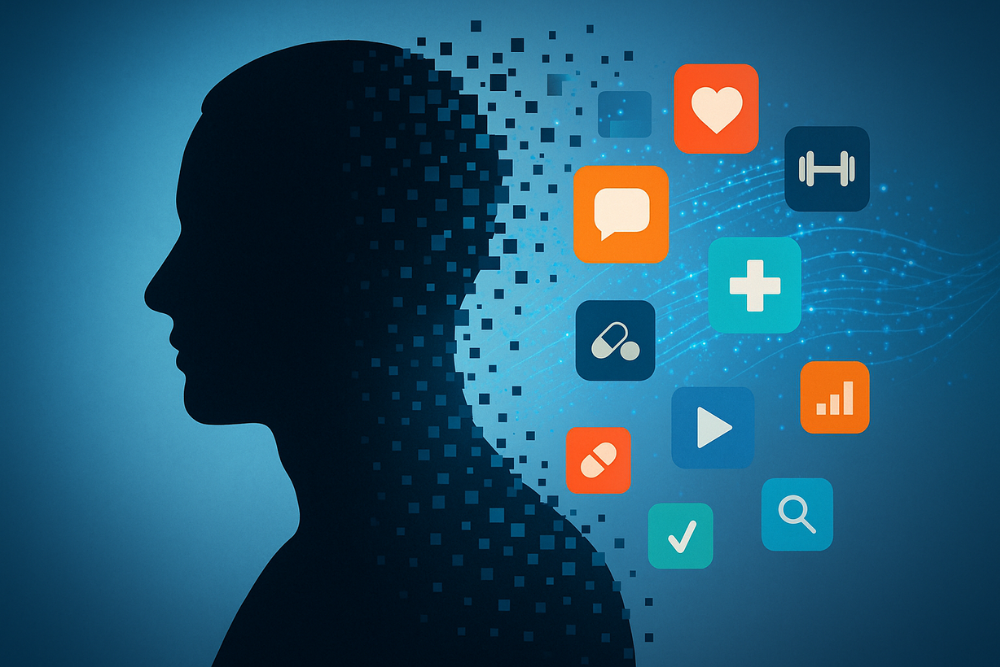 Digitale Gesundheitskompetenz dargestellt als Silhouette eines Menschens der in digital Pixel übergeht mit Gesundheitsicons.